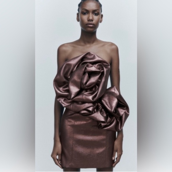 ZARA PINK‎ Brown metallic VOLUMINOUS FLOWER strapless mini DRESS Size small new - Picture 2 of 10
